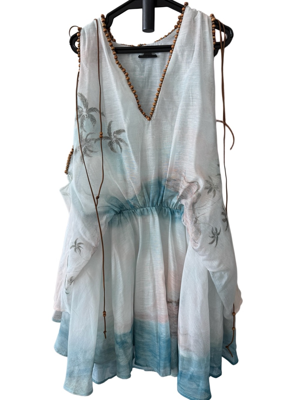 Designer-style Light Blue Tropical Tie-Waist Mini Dress